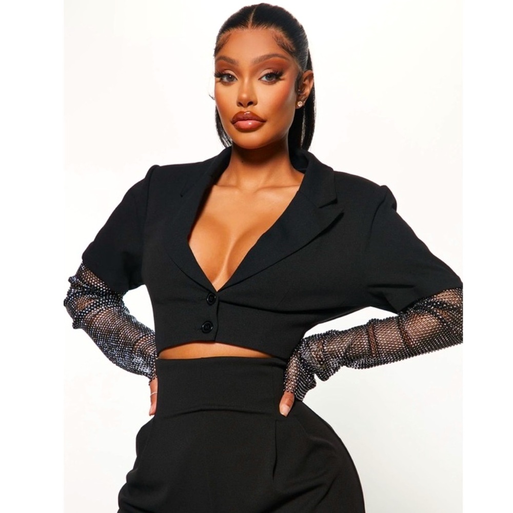 Elegant Black Blazer Top With Rhinestones